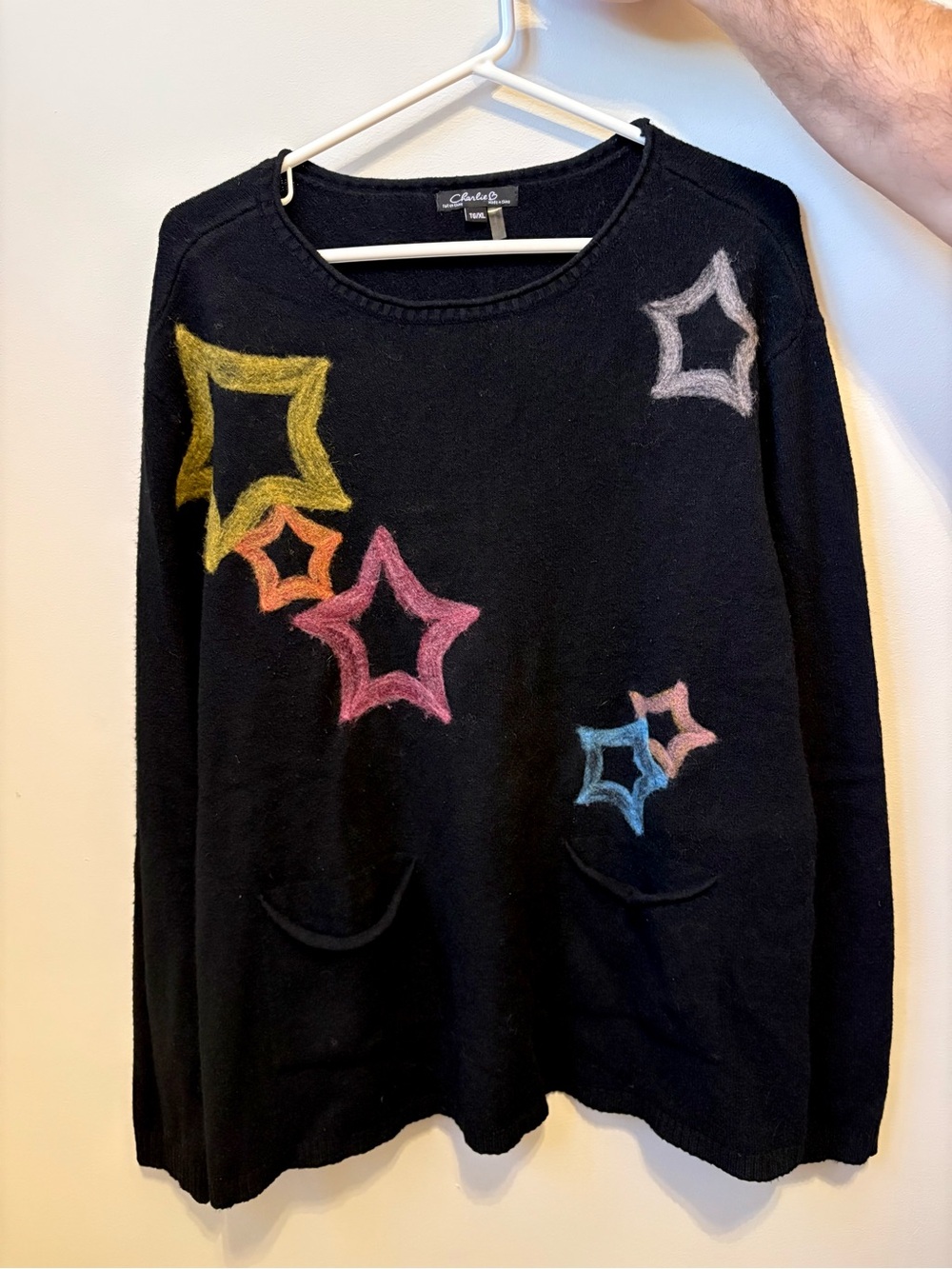 CHARLIE B Black Star Motif Crewneck Sweater